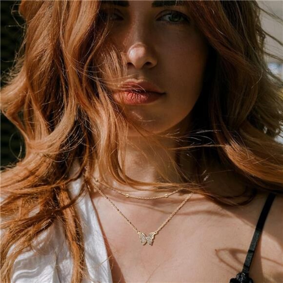 Butterfly Pendant Necklace, 14k Gold Plated Handmade Hollow Layered Necklace - Picture 5 of 7